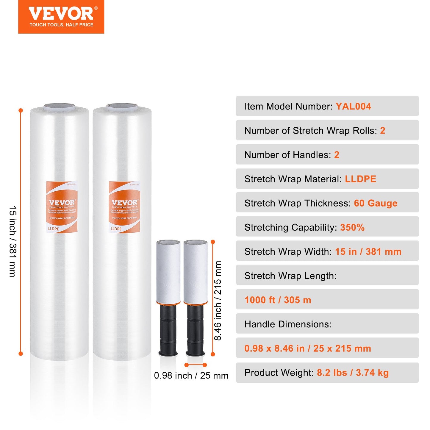 Stretchfilm, 15 tum x 1000 fot, 2-pack, 60 Gauge Industriell styrka Klar Slitstark Stretch Wrap Roll, Heavy Duty Krympfilm Stretch Wrap med handtag för pallomslag Transport Flytta