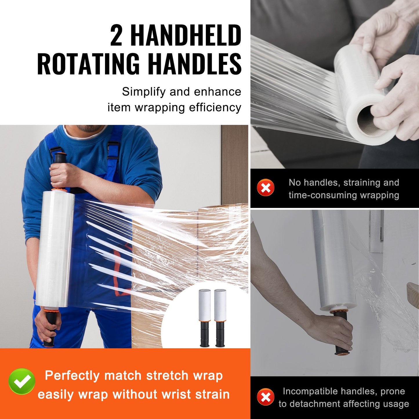 Stretch Film, 15 tum x 1200 fot, 2-pack, 80 Gauge Industriell styrka Klar Slitstark Stretch Wrap Roll, Heavy Duty Krympfilm Stretch Wrap med handtag för pallinpackning Transport Flytta