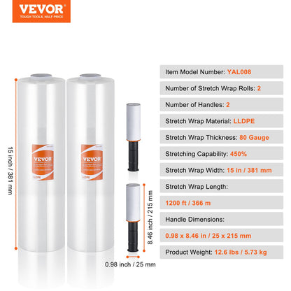 Stretch Film, 15 tum x 1200 fot, 2-pack, 80 Gauge Industriell styrka Klar Slitstark Stretch Wrap Roll, Heavy Duty Krympfilm Stretch Wrap med handtag för pallinpackning Transport Flytta