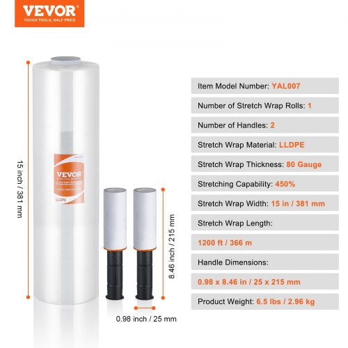 Stretchfolie, 15 Zoll x 1200 Fuß, 1 Packung, 80 Gauge Industriestärke, transparente, langlebige Stretchfolienrolle, strapazierfähige Schrumpffolie mit Griff zum Verpacken von Paletten, Transport und Umzügen | EU