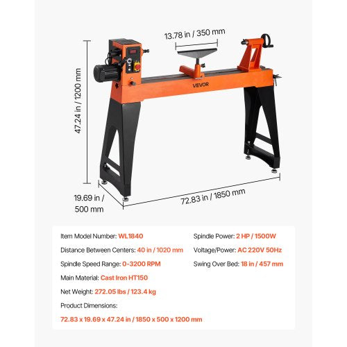 Woodworking Lathe 2 HP 18 x 40 Inch Wood Lathe Variable Speed 0-3200 RPM