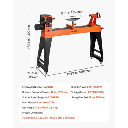 Woodworking Lathe 2 HP 18 x 40 Inch Wood Lathe Variable Speed 0-3200 RPM