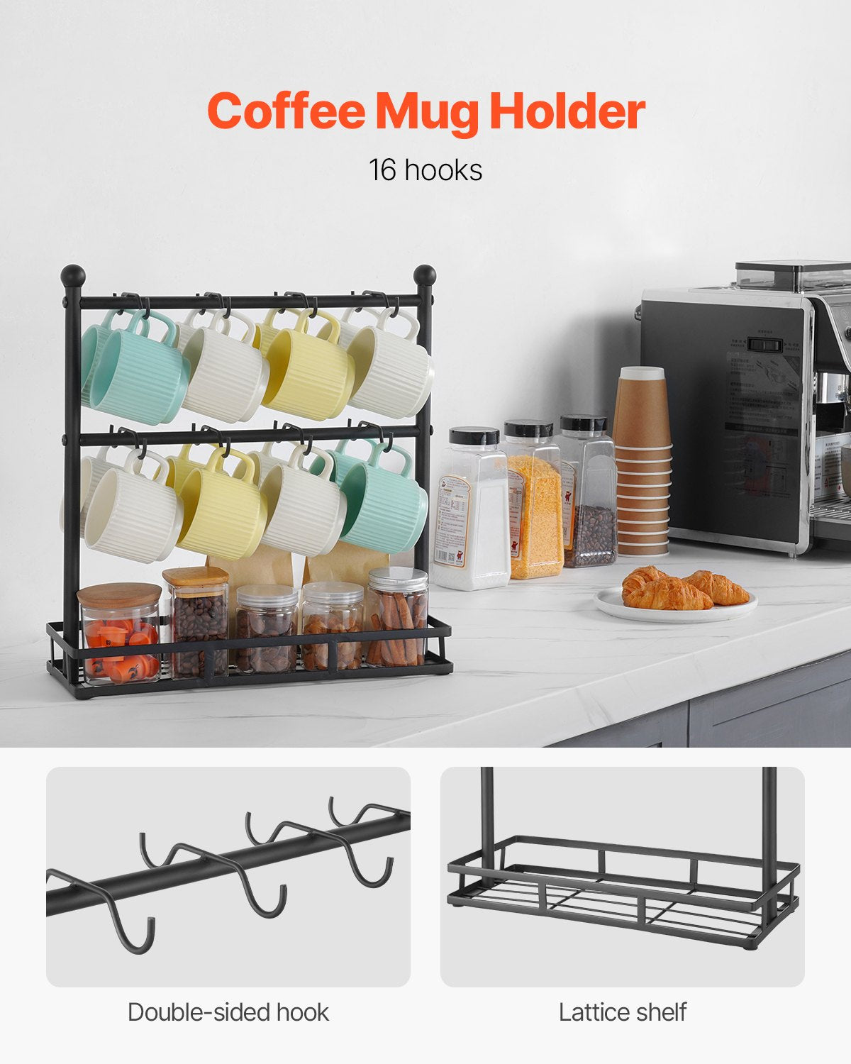 Coffee Mug Holder for Countertop 16 Hooks Cup Rack with Storage Base