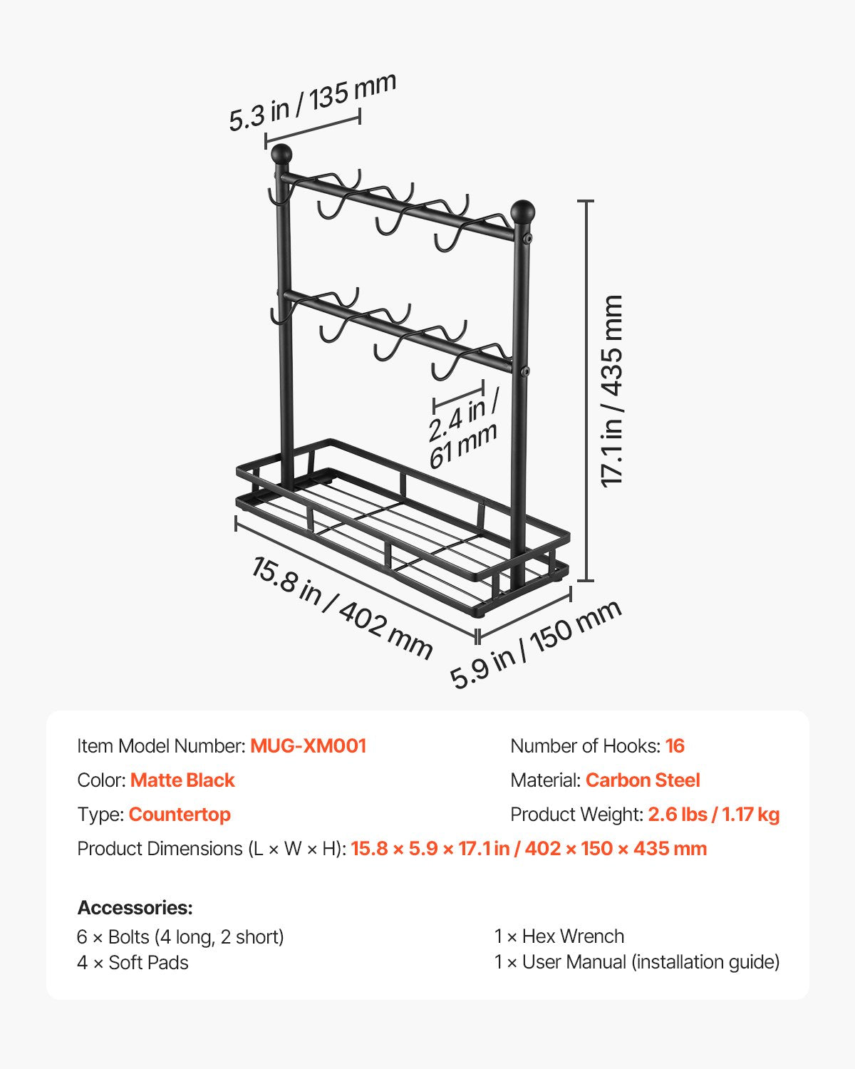 Coffee Mug Holder for Countertop 16 Hooks Cup Rack with Storage Base