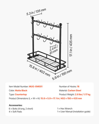 Coffee Mug Holder for Countertop 16 Hooks Cup Rack with Storage Base