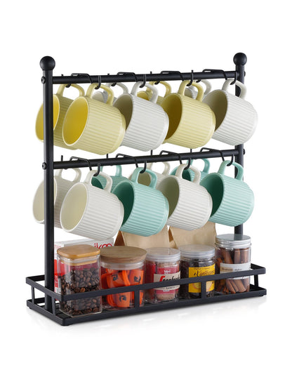 Coffee Mug Holder for Countertop 16 Hooks Cup Rack with Storage Base