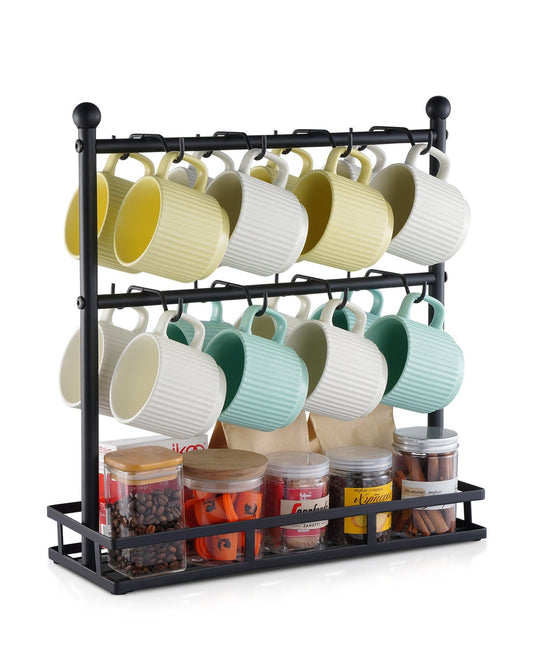 Coffee Mug Holder for Countertop 16 Hooks Cup Rack with Storage Base