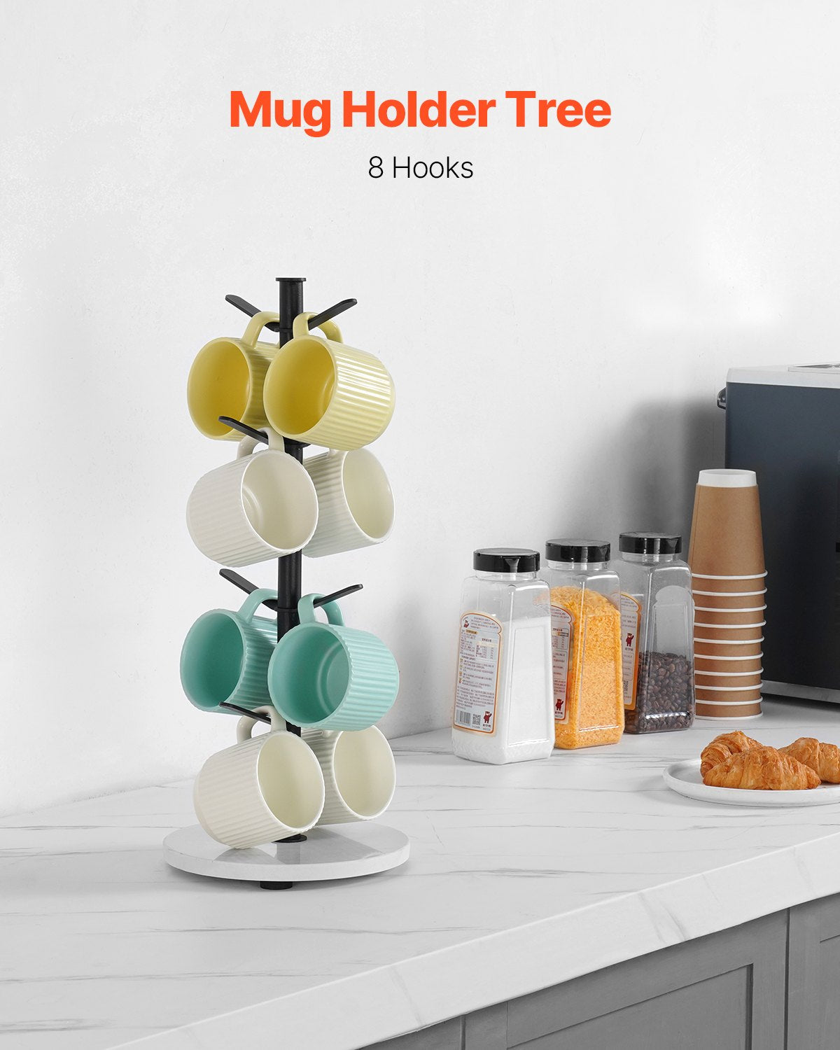 Cup Holder Tree with Marble Base 8 Hooks Cup Tree Stand for Countertop Kitchen