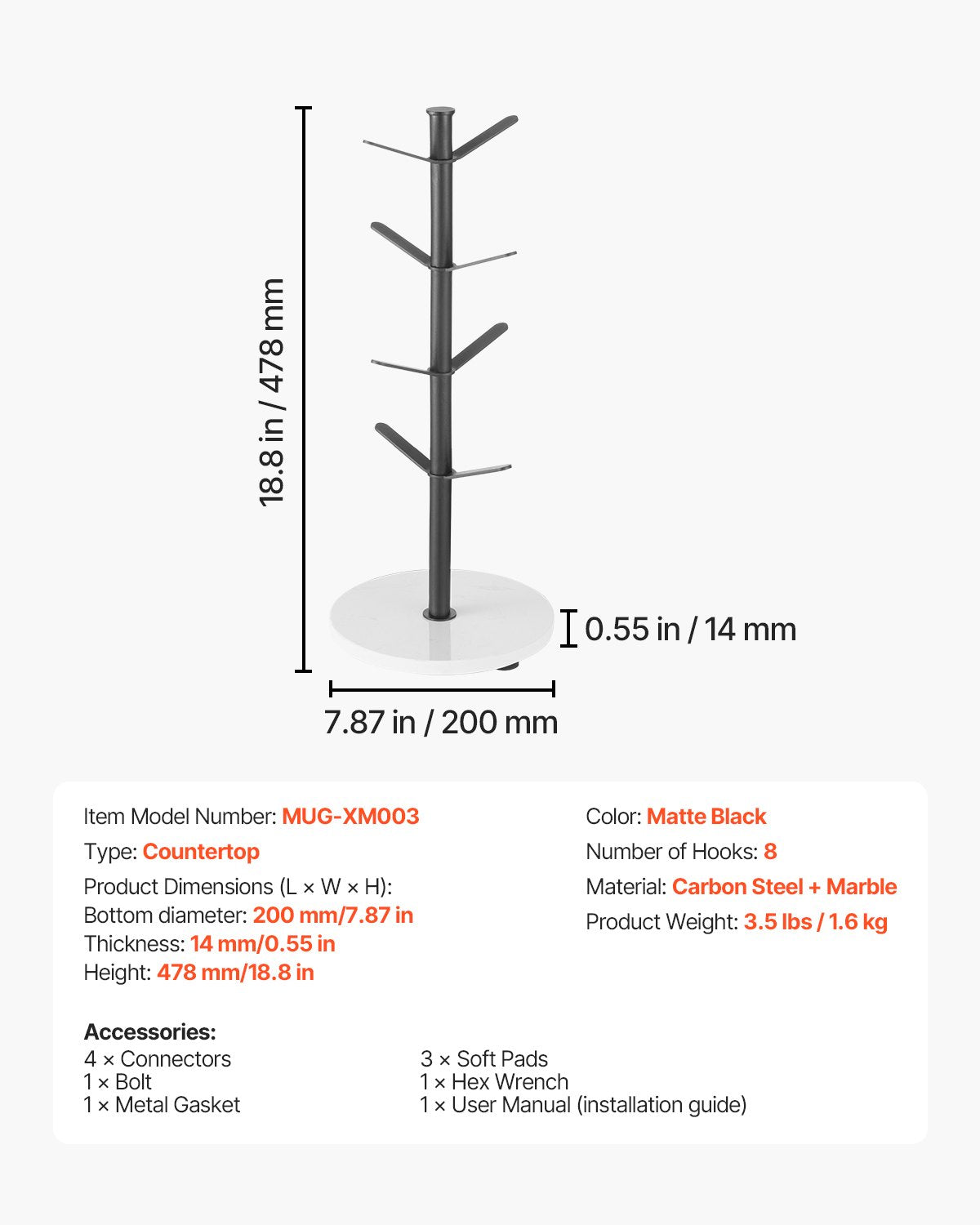 Cup Holder Tree with Marble Base 8 Hooks Cup Tree Stand for Countertop Kitchen