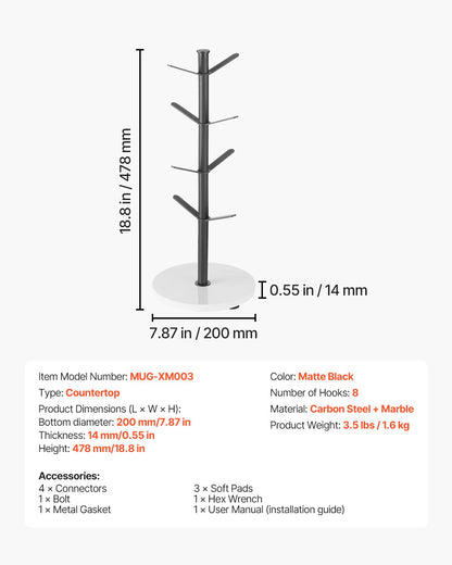 Cup Holder Tree with Marble Base 8 Hooks Cup Tree Stand for Countertop Kitchen