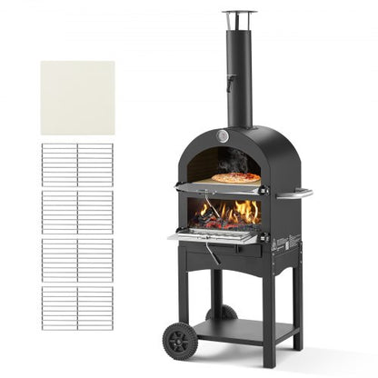 Utomhuspizzaugn, 30 cm pelletsugn, vedeldad pizzaugn med 2 lager, vedeldad pizzaugn för utomhusbruk med 2 avtagbara hjul, maxtemperatur 380°C, pizzaugnar för grillning |  EU