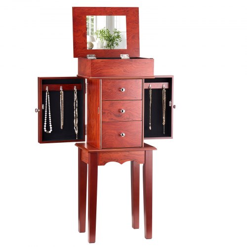 Jewelry Cabinet Armoire, Standing Wood Jewelry Storage Chest with 3 Drawers, Flip Top Mirror, 4 Top Storage Compartments, Zinc Alloy Handles, 2 Side Doors with 6 Necklace Hooks