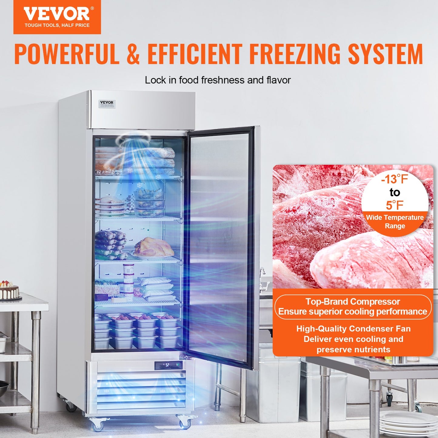 Kommersiell frys 20,12 Cu.ft, räckvidd i upprätt frys enkeldörr, automatisk avfrostning av rostfritt stål frys med 3 justerbara hyllor, -13 till 5℉ temperaturkontroll och 4 hjul