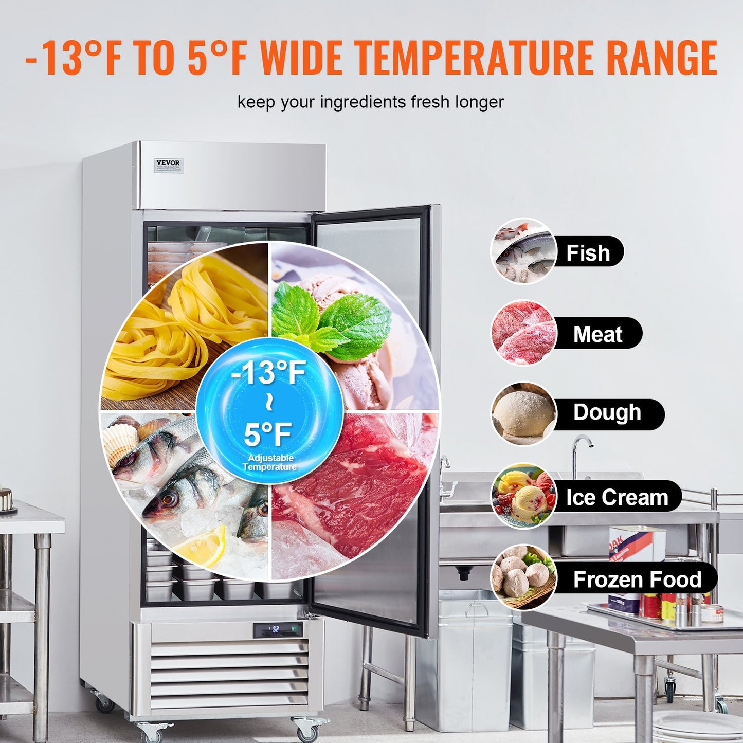 Kommersiell frys 20,12 Cu.ft, räckvidd i upprätt frys enkeldörr, automatisk avfrostning av rostfritt stål frys med 3 justerbara hyllor, -13 till 5℉ temperaturkontroll och 4 hjul