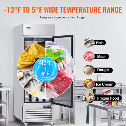 Kommersiell frys 20,12 Cu.ft, räckvidd i upprätt frys enkeldörr, automatisk avfrostning av rostfritt stål frys med 3 justerbara hyllor, -13 till 5℉ temperaturkontroll och 4 hjul