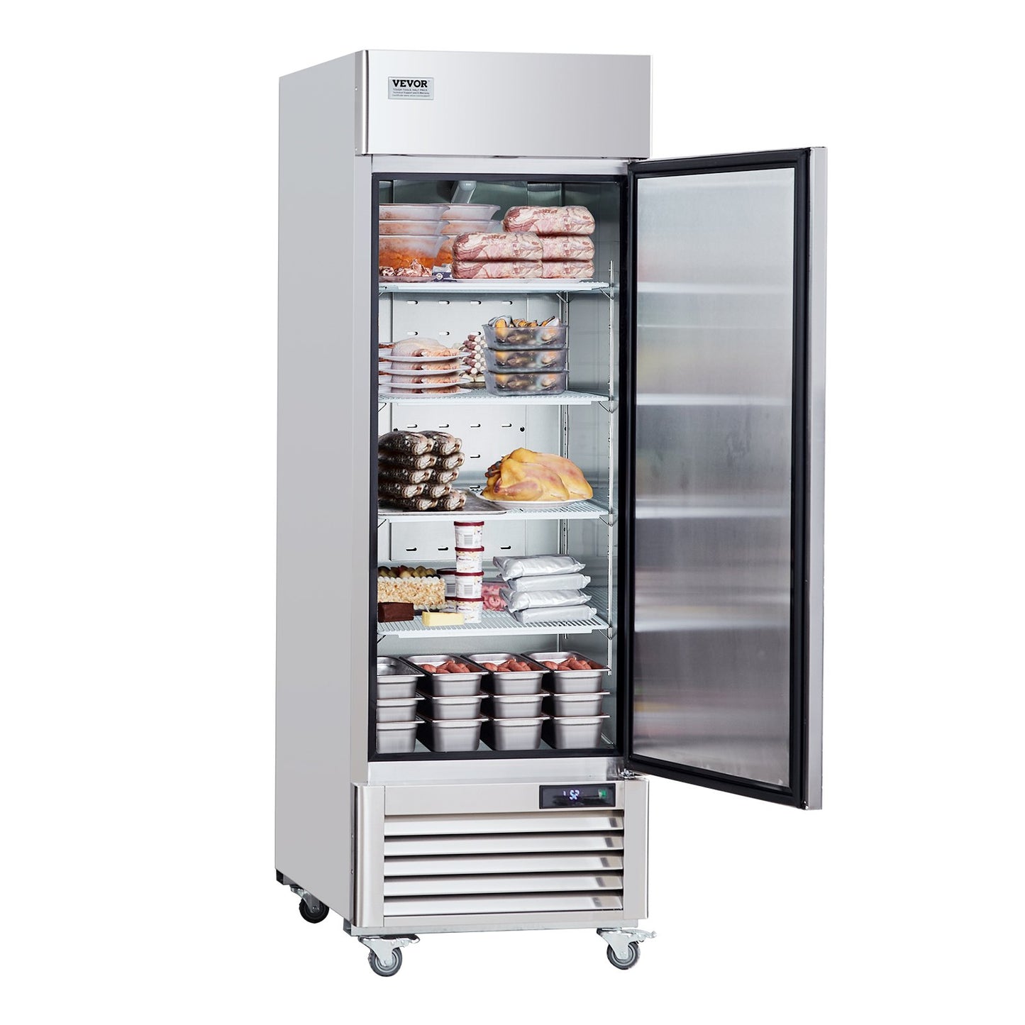 Kommersiell frys 20,12 Cu.ft, räckvidd i upprätt frys enkeldörr, automatisk avfrostning av rostfritt stål frys med 3 justerbara hyllor, -13 till 5℉ temperaturkontroll och 4 hjul