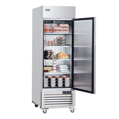 Kommersiell frys 20,12 Cu.ft, räckvidd i upprätt frys enkeldörr, automatisk avfrostning av rostfritt stål frys med 3 justerbara hyllor, -13 till 5℉ temperaturkontroll och 4 hjul