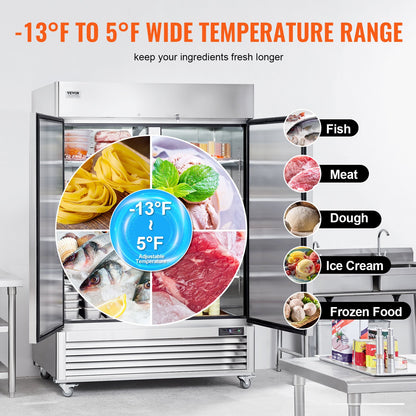 Gewerbe-Gefrierschrank 38,83 Kubikfuß, Gefrierschrank mit 2 Türen, automatisches Abtauen, Edelstahl-Gefrierschrank mit 6 verstellbaren Ablagen, Temperaturregelung von -13 bis 5℉ und 4 Rädern