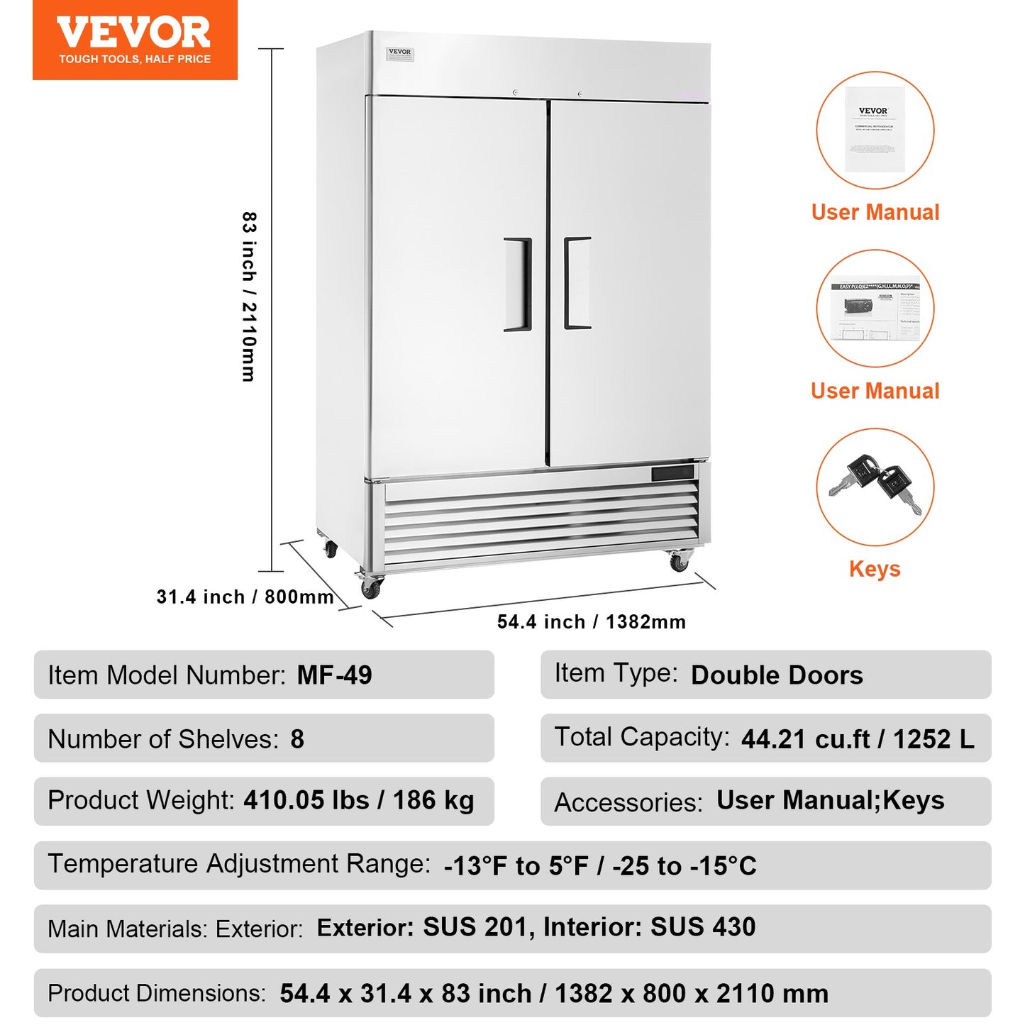 Gewerbe-Gefrierschrank 38,83 Kubikfuß, Gefrierschrank mit 2 Türen, automatisches Abtauen, Edelstahl-Gefrierschrank mit 6 verstellbaren Ablagen, Temperaturregelung von -13 bis 5℉ und 4 Rädern