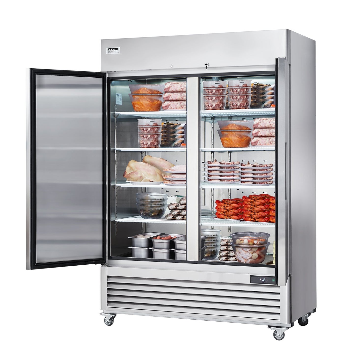 Gewerbe-Gefrierschrank 38,83 Kubikfuß, Gefrierschrank mit 2 Türen, automatisches Abtauen, Edelstahl-Gefrierschrank mit 6 verstellbaren Ablagen, Temperaturregelung von -13 bis 5℉ und 4 Rädern