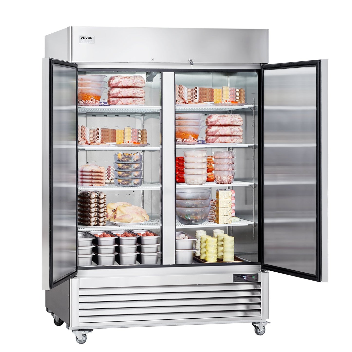 Gewerbe-Gefrierschrank 38,83 Kubikfuß, Gefrierschrank mit 2 Türen, automatisches Abtauen, Edelstahl-Gefrierschrank mit 6 verstellbaren Ablagen, Temperaturregelung von -13 bis 5℉ und 4 Rädern
