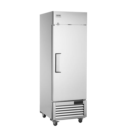 Commercial Kylskåp 20,12 Cu.ft, Reach In Upprätt Kylskåp Enkeldörr, Automatisk avfrostning av rostfritt stål Reach-in Kylskåp med 3 hyllor, 28,4 till 46,4°F temperaturkontroll och 4 hjul