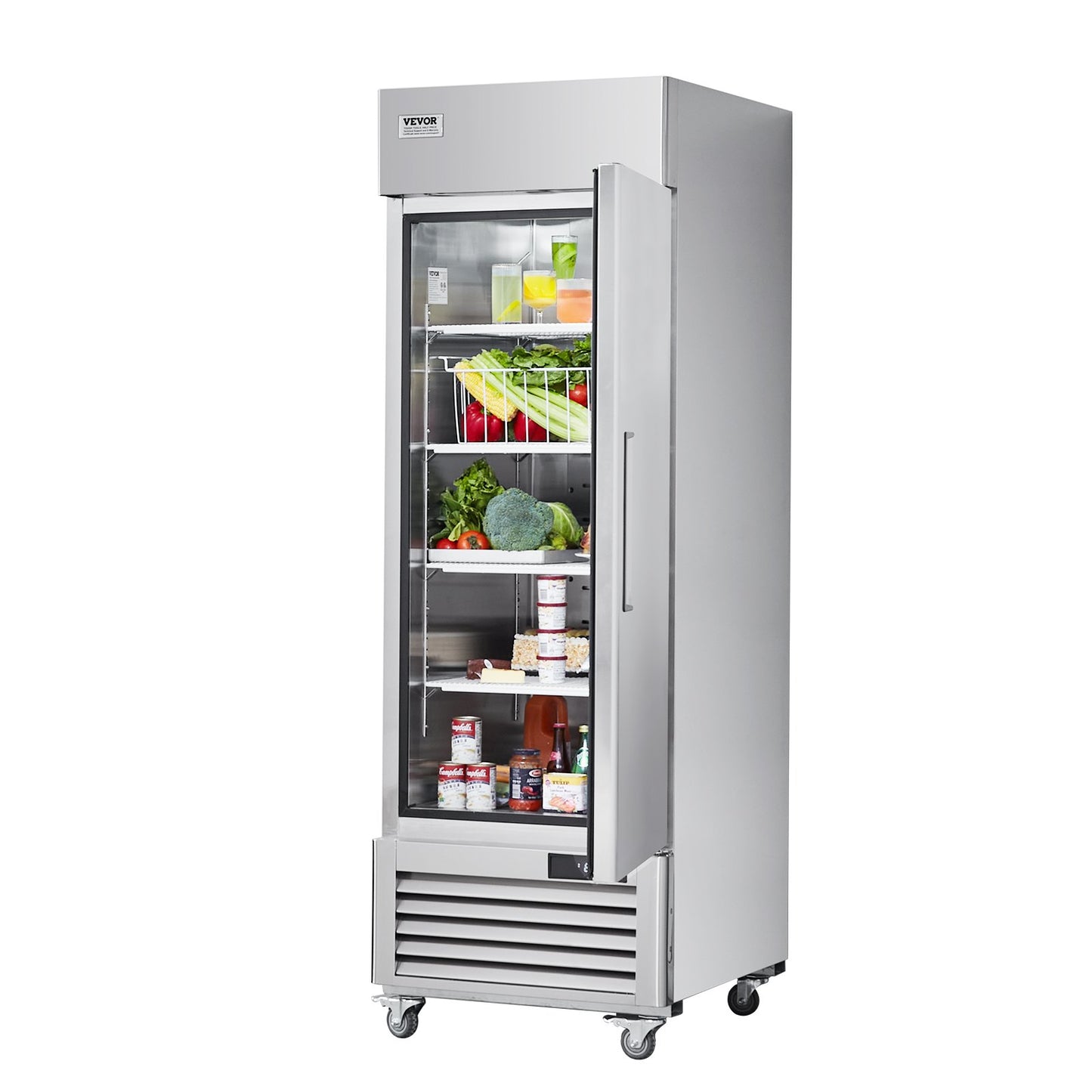 Gewerbekühlschrank 20,12 Kubikfuß, Kühlschrank zum Hineingreifen, Einzeltür, automatisches Abtauen, Edelstahl-Kühlschrank zum Hineingreifen mit 3 Ablagen, Temperaturregelung von -2,4 bis 8 °C und 4 Rädern