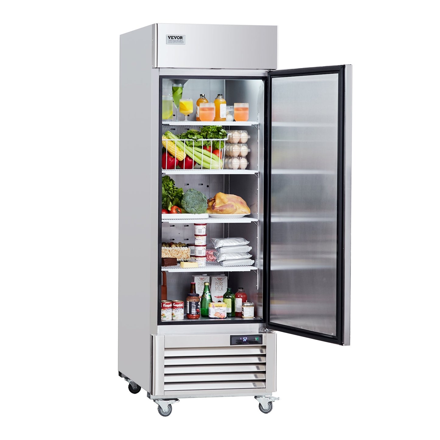 Gewerbekühlschrank 20,12 Kubikfuß, Kühlschrank zum Hineingreifen, Einzeltür, automatisches Abtauen, Edelstahl-Kühlschrank zum Hineingreifen mit 3 Ablagen, Temperaturregelung von -2,4 bis 8 °C und 4 Rädern