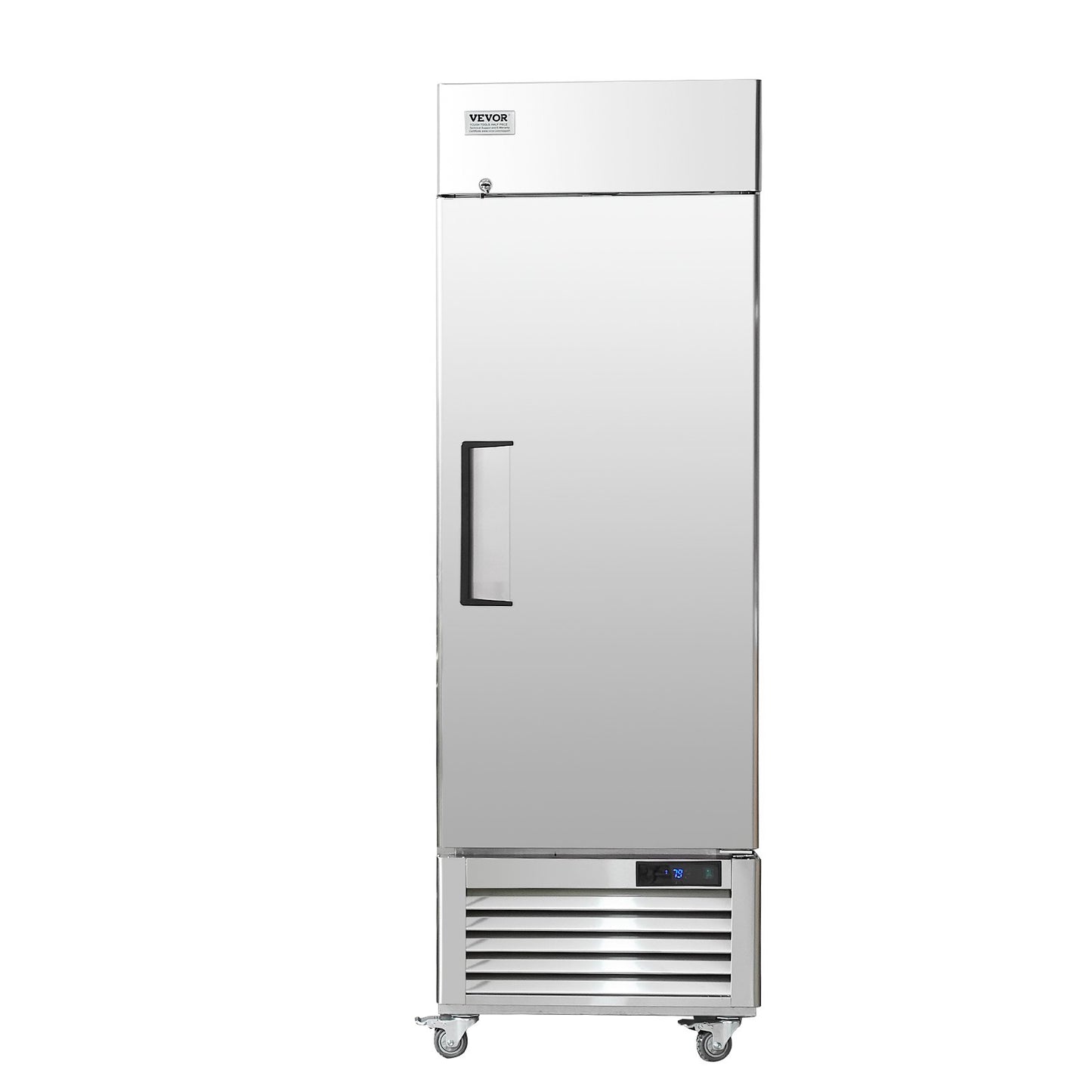 Gewerbekühlschrank 20,12 Kubikfuß, Kühlschrank zum Hineingreifen, Einzeltür, automatisches Abtauen, Edelstahl-Kühlschrank zum Hineingreifen mit 3 Ablagen, Temperaturregelung von -2,4 bis 8 °C und 4 Rädern