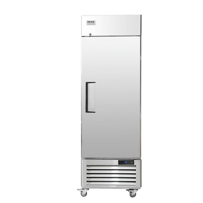 Gewerbekühlschrank 20,12 Kubikfuß, Kühlschrank zum Hineingreifen, Einzeltür, automatisches Abtauen, Edelstahl-Kühlschrank zum Hineingreifen mit 3 Ablagen, Temperaturregelung von -2,4 bis 8 °C und 4 Rädern
