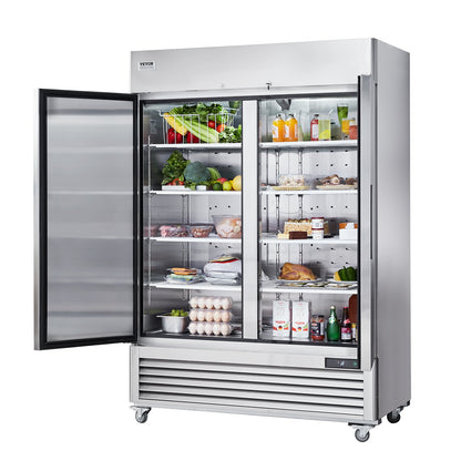 Gewerbekühlschrank, 38,83 Kubikfuß, 2-türiger, aufrecht stehender Kühlschrank aus Edelstahl mit automatischer Abtaufunktion, 6 Ablagen, Temperaturregelung von -2,4 bis 8 °C und 4 Rädern
