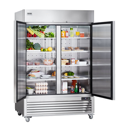 Gewerbekühlschrank, 38,83 Kubikfuß, 2-türiger, aufrecht stehender Kühlschrank aus Edelstahl mit automatischer Abtaufunktion, 6 Ablagen, Temperaturregelung von -2,4 bis 8 °C und 4 Rädern