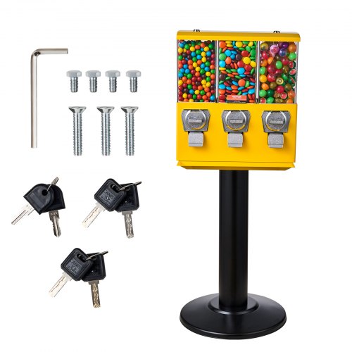 Commercial Vending Machine, Triple Compartment Candy Dispenser with Iron Stand, Gumball and Candy Machine for Business, Coin Operated Gumball Bank for Toy Capsules Bouncy Balls Candy Nut, Yellow