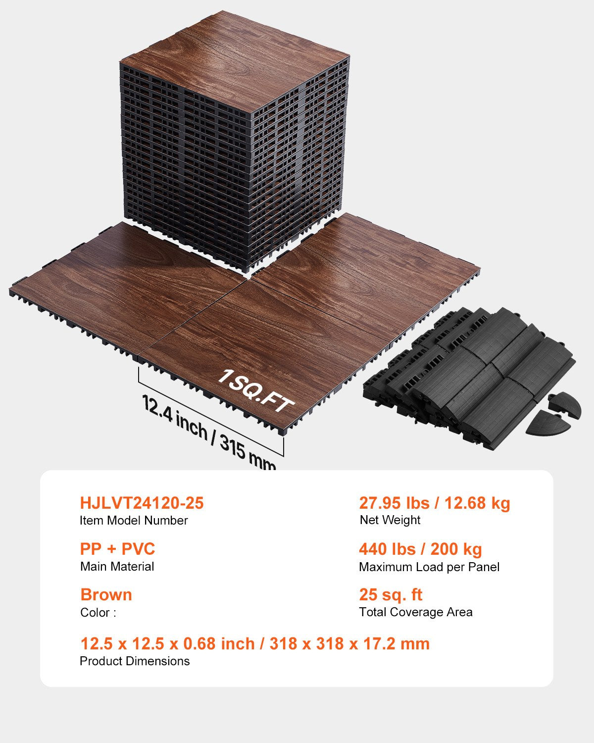 Gym Flooring Set 25 PCS Interlocking PP+PVC Puzzle Rubber Tiles