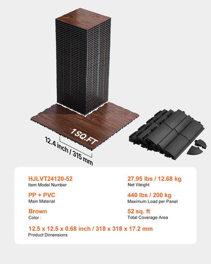 Gym Floor Set 52 PCS Interlocking PP+PVC Puzzle Rubber Tiles