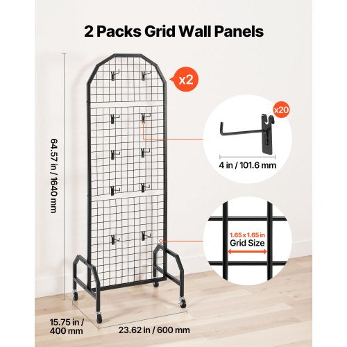 2-pack wall panel with grid 600 x 1640 mm wire rack with wheels and hooks | EU