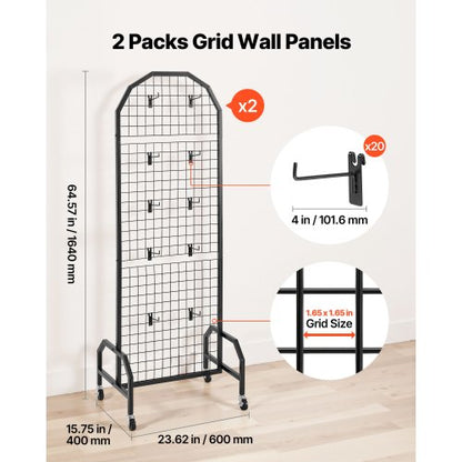2-pack wall panel with grid 600 x 1640 mm wire rack with wheels and hooks | EU