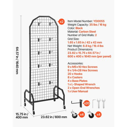 2-pack wall panel with grid 600 x 1640 mm wire rack with wheels and hooks | EU