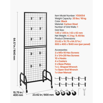 Väggpanel 600 x 1640 mm Trådställ med hjul och 10 krokar |  EU