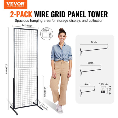 2' x 5,6' Grid Wall Panels Tower, 2-pack Wire Gridwall Display rack med T-base golvstående, dubbelsidiga Gridwall paneler för konsthantverksmässor, Retail Display med extra clips och krokar