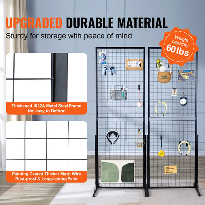 2' x 5,6' Grid Wall Panels Tower, 2-pack Wire Gridwall Display rack med T-base golvstående, dubbelsidiga Gridwall paneler för konsthantverksmässor, Retail Display med extra clips och krokar