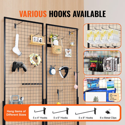 2' x 5,6' Grid Wall Panels Tower, 2-pack Wire Gridwall Display rack med T-base golvstående, dubbelsidiga Gridwall paneler för konsthantverksmässor, Retail Display med extra clips och krokar