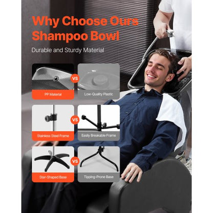 Bärbar Schamposkål, Schampovask med Justerbar Höjd och Vinkel, Salong Hårtvättsvask med Avloppsslang och Stjärnformad Stödbas för Barbershop Beauty Spa Center Hemmabruk |  EU