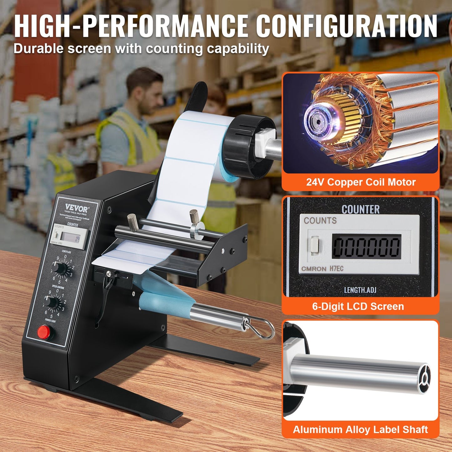 Automatisk etikettdispenser, bredd 0,6"-4,9"/15-125 mm, längd 0,1"-5,9"/3-150 mm, automatisk etikettavskiljare, etikettavskiljare, hastighetsjusterbar etikettapplikator, automatisk räkning 0-999999