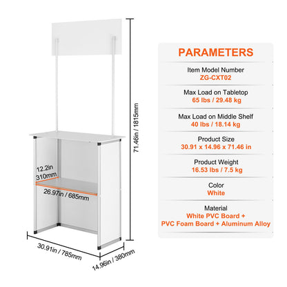 Portable Tradeshow Podium-bord, 30,91" x 14,96" x 71,46", Display Utställningsbänk monter Mässa med vägg, hopfällbar kampanj Retail Bar-bord Pop Up Podium med förvaringsställ/bärväska