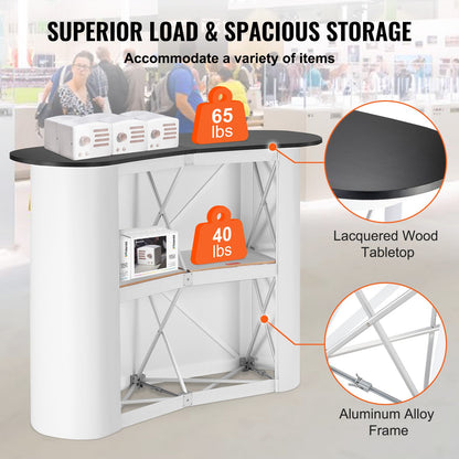 Portable Tradeshow Podium-bord, 51,18" x 18,31" x 37,4", Display Utställningsbänk monter Mässa med vägg, hopfällbar kampanj Retail Bar-bord Pop Up Podium med förvaringsställ, bärväska