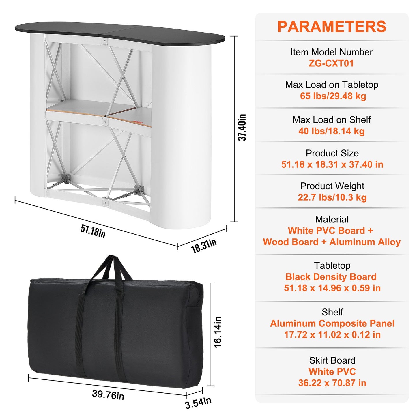 Portable Tradeshow Podium-bord, 51,18" x 18,31" x 37,4", Display Utställningsbänk monter Mässa med vägg, hopfällbar kampanj Retail Bar-bord Pop Up Podium med förvaringsställ, bärväska