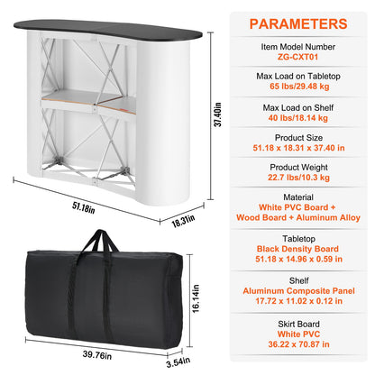 Portable Tradeshow Podium-bord, 51,18" x 18,31" x 37,4", Display Utställningsbänk monter Mässa med vägg, hopfällbar kampanj Retail Bar-bord Pop Up Podium med förvaringsställ, bärväska