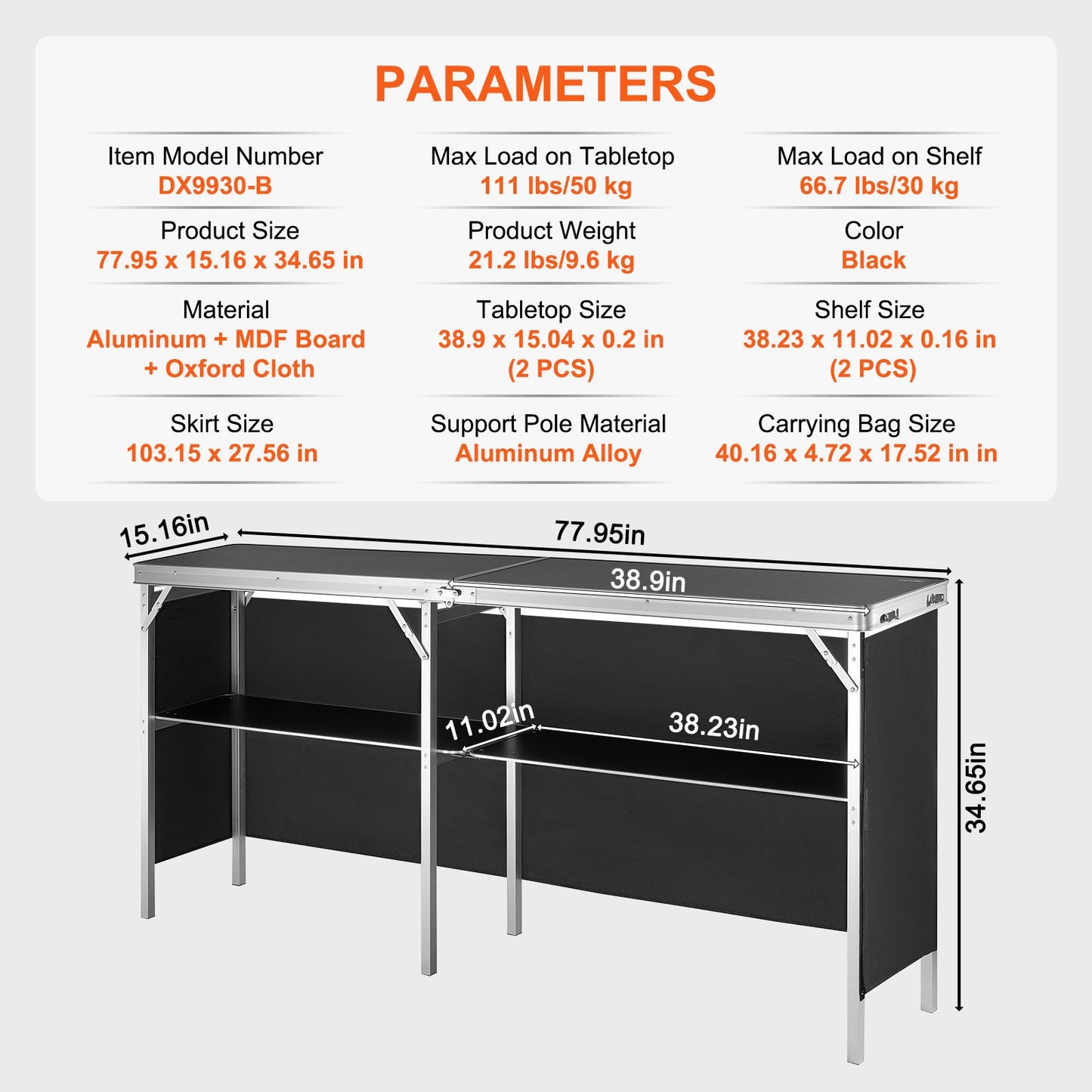 Portable Tradeshow Podium-bord, 77,95" x 15,16" x 34,65", Display Utställningsbänkmonter Mässa med vägg, hopfällbar kampanj för detaljhandelsbarbordsbord med förvaringsställ och bärväska
