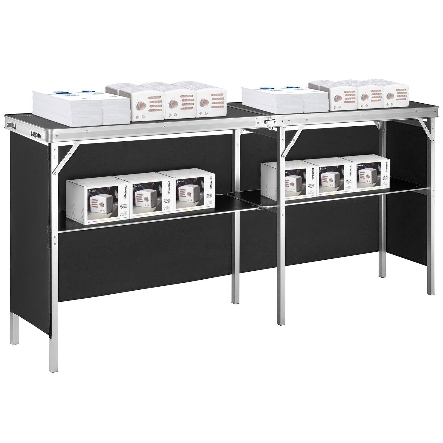 Portable Tradeshow Podium-bord, 77,95" x 15,16" x 34,65", Display Utställningsbänkmonter Mässa med vägg, hopfällbar kampanj för detaljhandelsbarbordsbord med förvaringsställ och bärväska